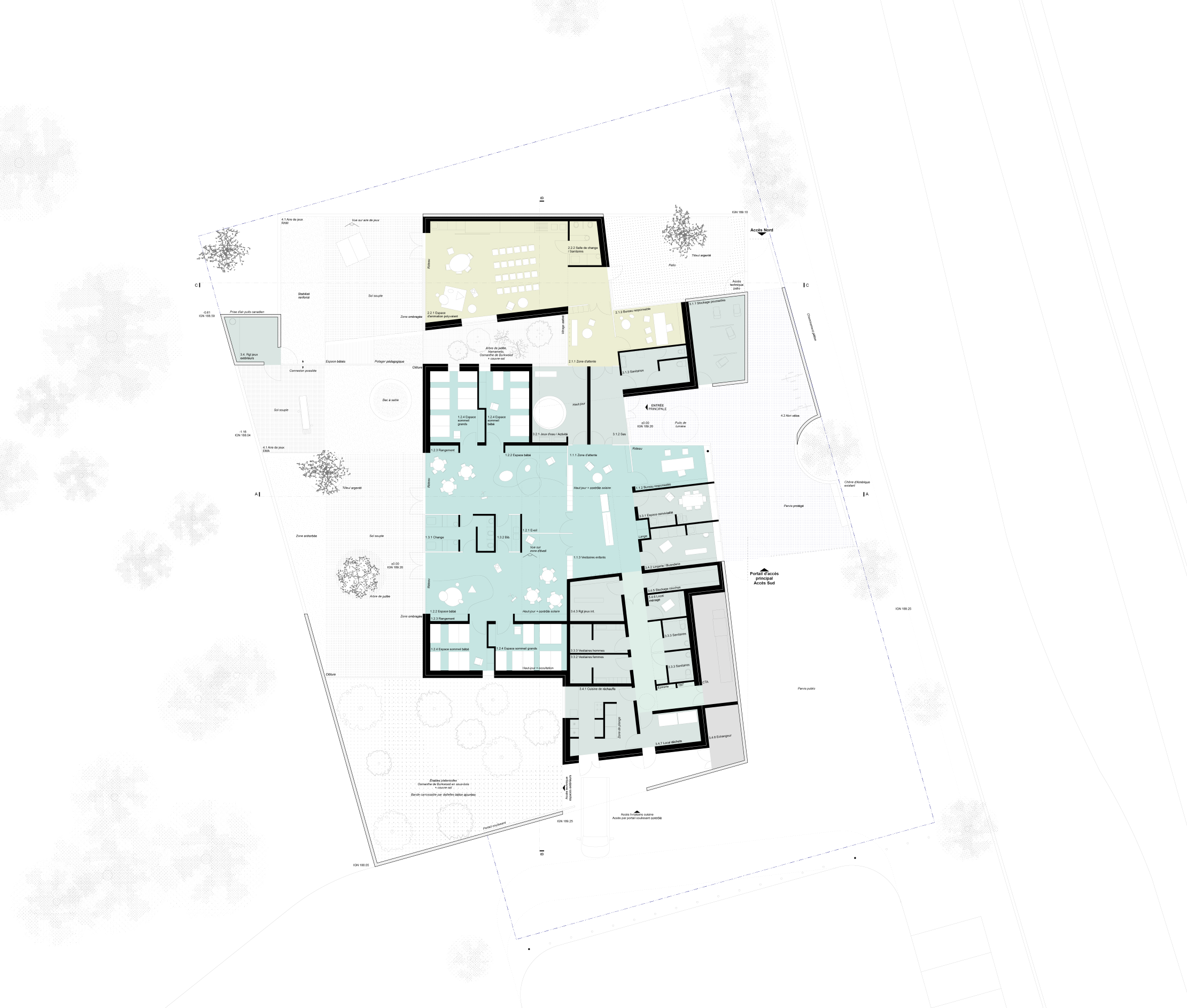 Plan de RDC filaire avec annotations des différents espaces